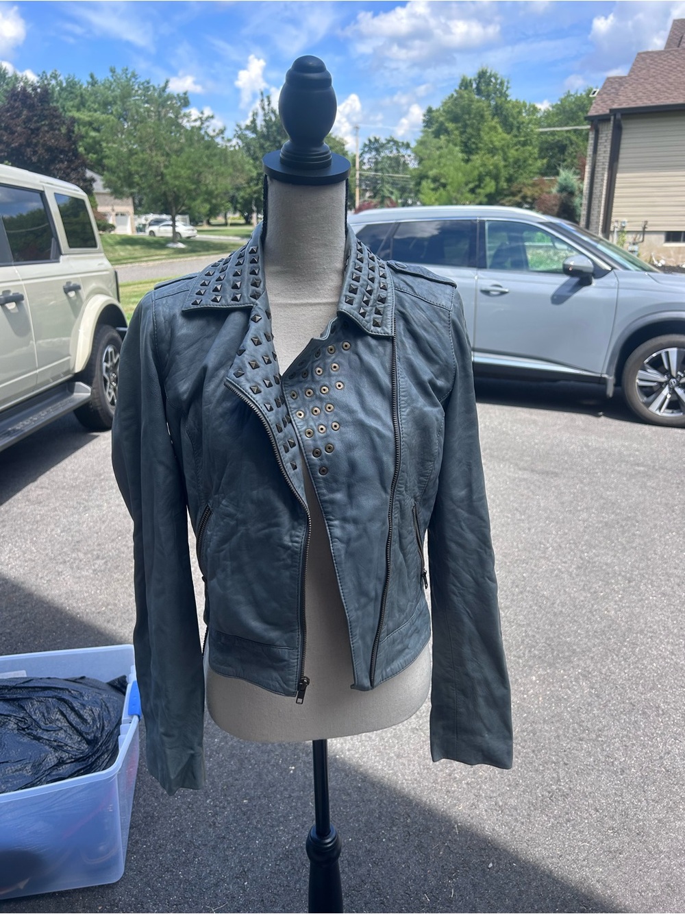 Trouve Grey Studded Leather Moto Jacket
